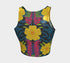 Honey Dazed Brand body-hugging racerback crop top featuring retro floral print with bright yellow flowers, pink geometric patterns, and blue swirls on dark background in performance knit fabric
